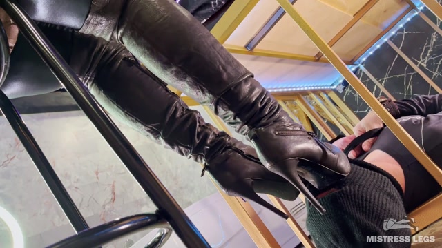 Mistress Legs - Slave In Cage Obediently Worship Mistress Boots And Dirty Bare Feet 00004